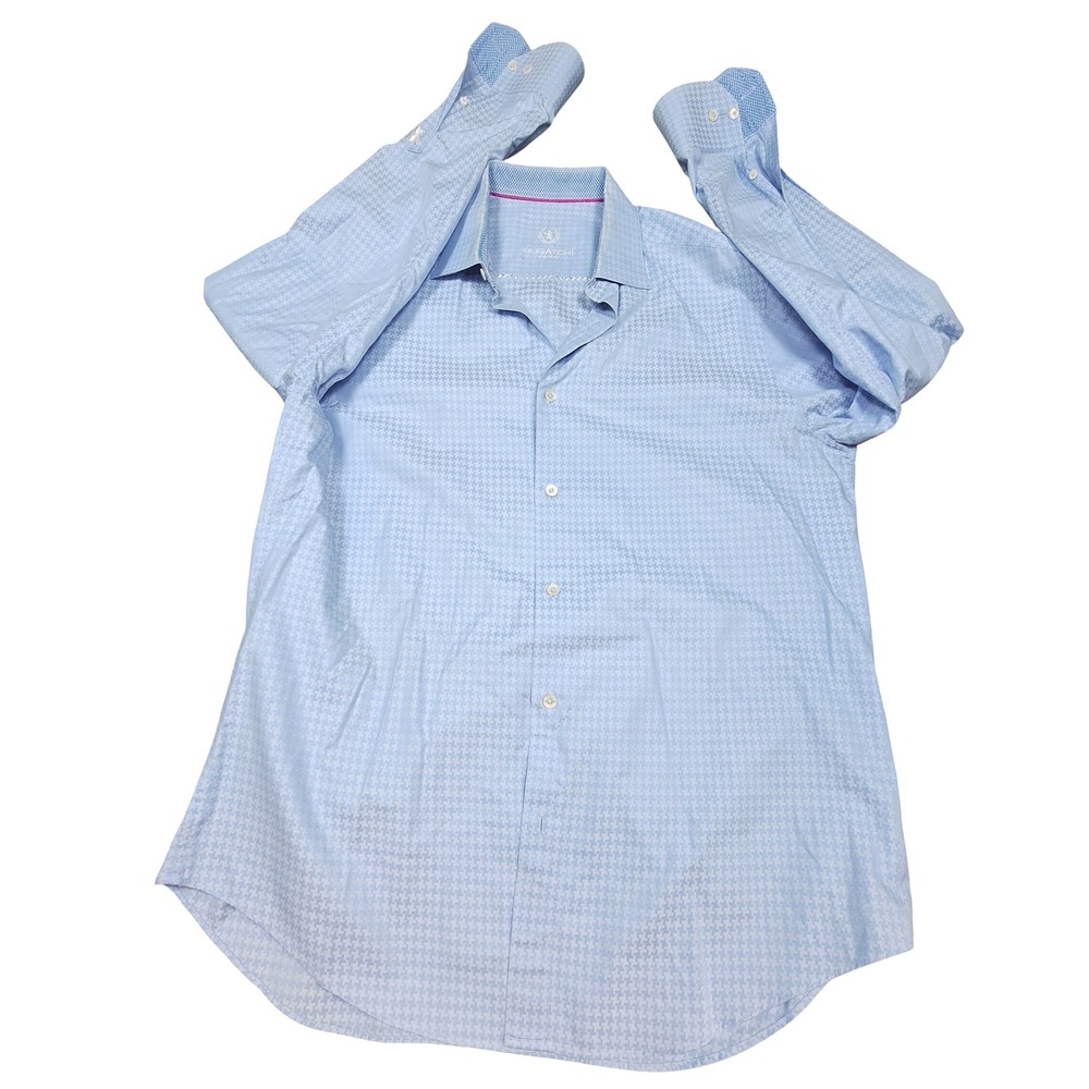 Bugatchi Uomo Mens Light Blue Houndstooth Cotton Button Down Shirt XL